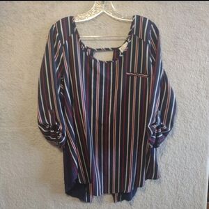 Janet Chung Women’s Blue/Red/White Striped 3/4 Sleeve Blouse 2X